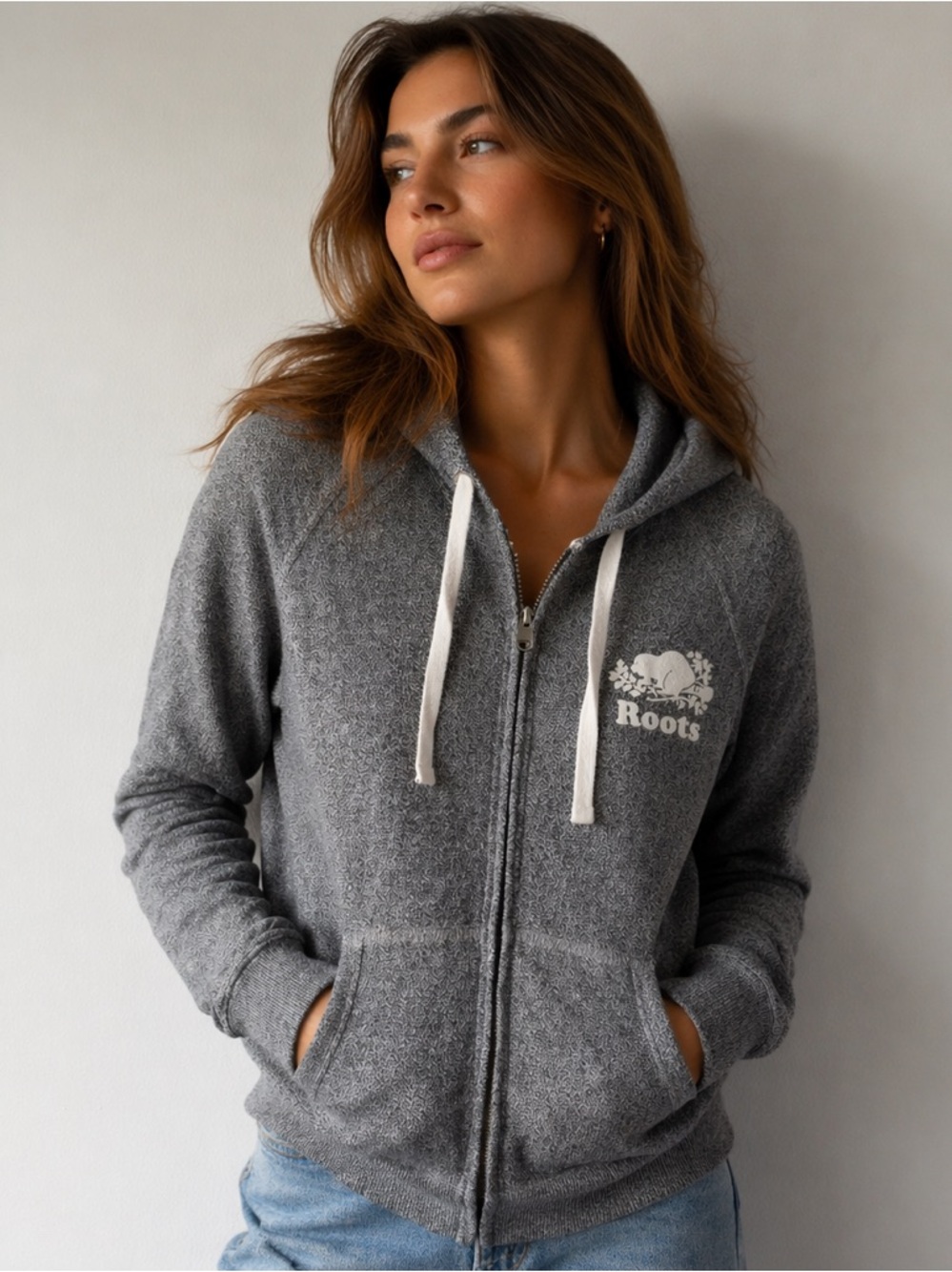 (M) Roots Grey Zip-Up Hoodie with White Drawstrings
